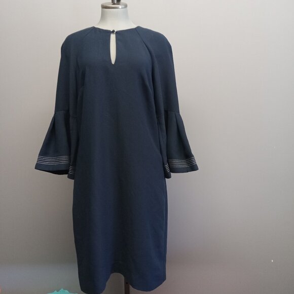Banana Republic womens blue white stitch long bell sleeve midi dress Size 8 TALL - Picture 1 of 2